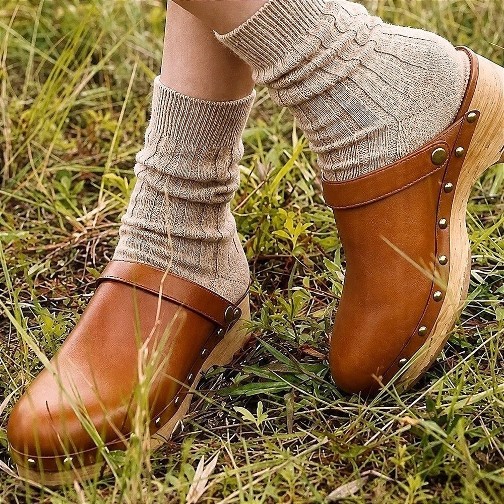 J.Crew Grace Convertible Leather Clogs Wood Platform Studded Tan Brown Size 10
